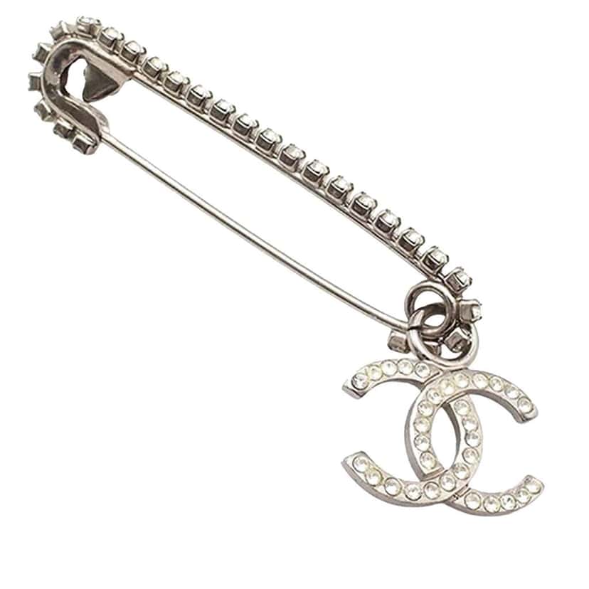 Chanel CC Silver Plated Crystal Embellished Safety Pin Brooch Silver Metal Good condition - Front View