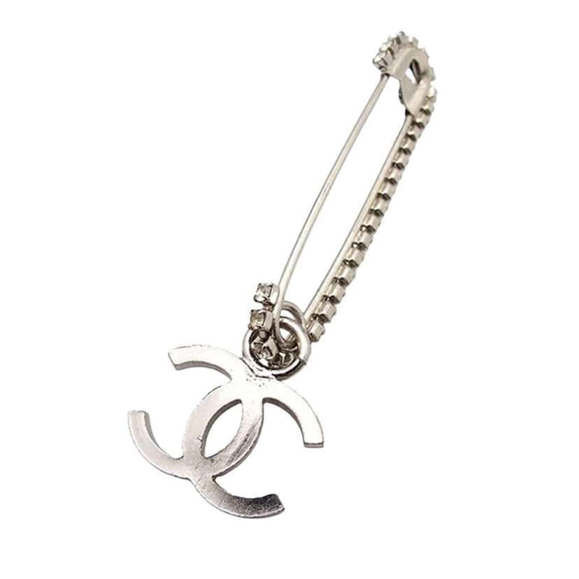 Chanel CC Silver Plated Crystal Embellished Safety Pin Brooch Silver Metal Good condition - Back View