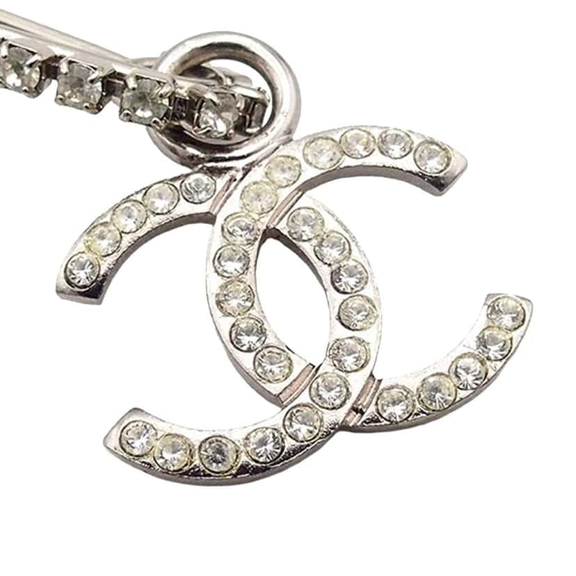 Chanel CC Silver Plated Crystal Embellished Safety Pin Brooch Silver Metal Good condition - Inside View