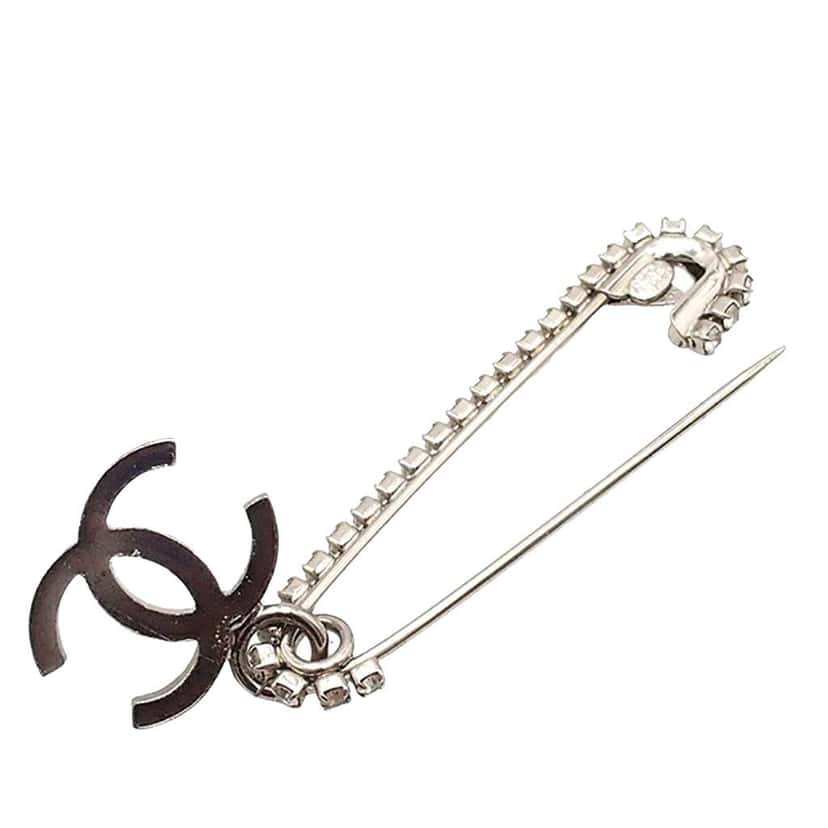 Chanel CC Silver Plated Crystal Embellished Safety Pin Brooch Silver Metal Good condition - Model View