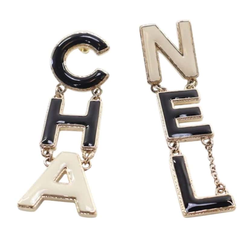 Chanel Gold Plated and Enamel Cha-Nel Logo Drop Push Back Earrings Black Good condition - Front View