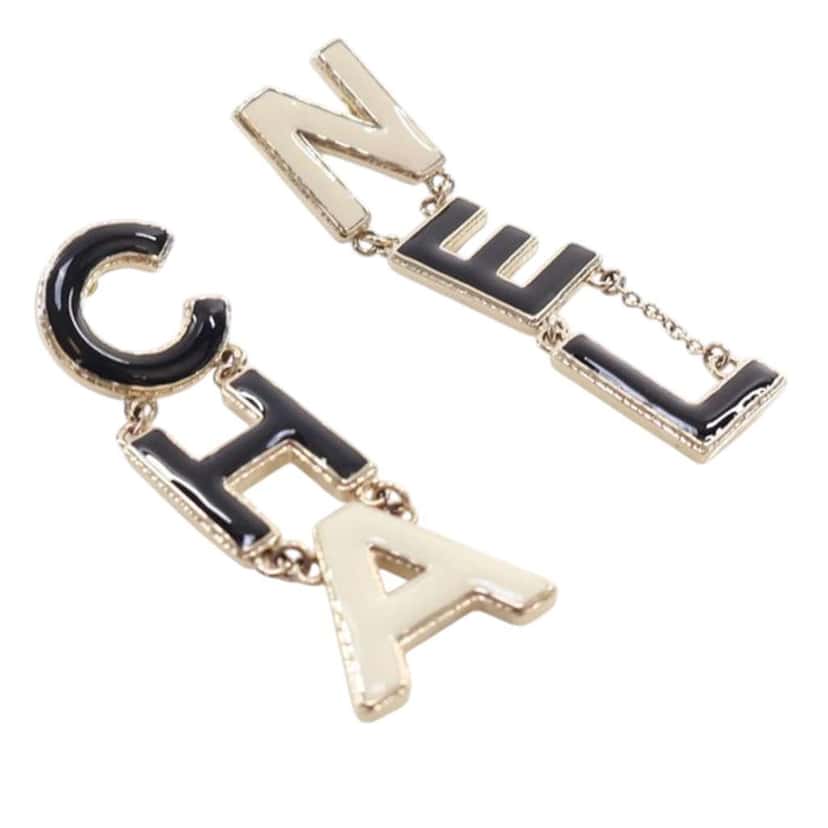Chanel Gold Plated and Enamel Cha-Nel Logo Drop Push Back Earrings Black Good condition - Back View
