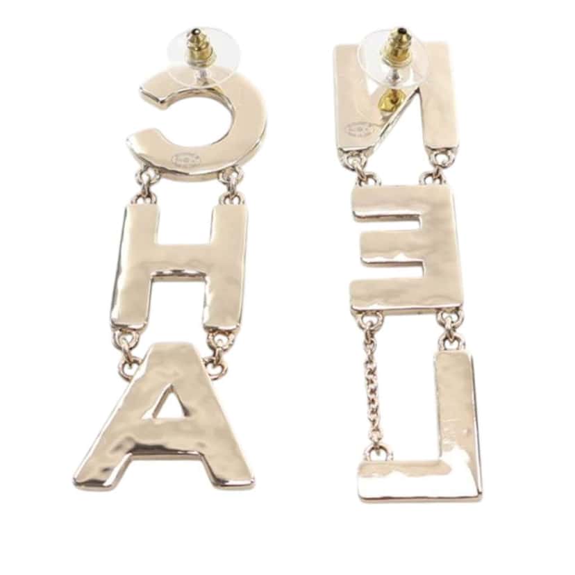 Chanel Gold Plated and Enamel Cha-Nel Logo Drop Push Back Earrings Black Good condition - Inside View