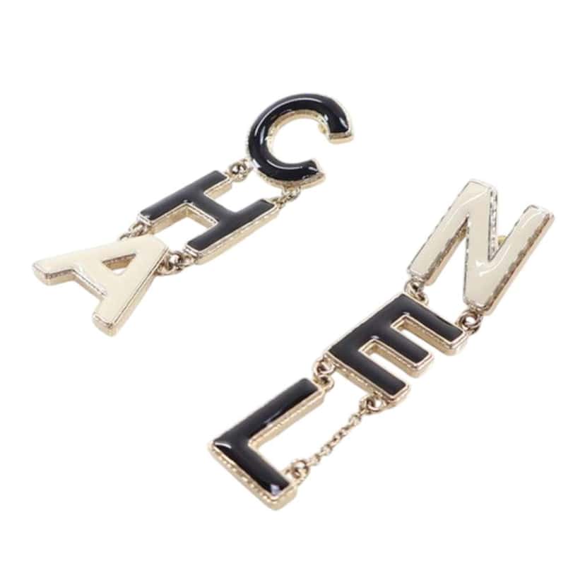 Chanel Gold Plated and Enamel Cha-Nel Logo Drop Push Back Earrings Black Good condition - Model View