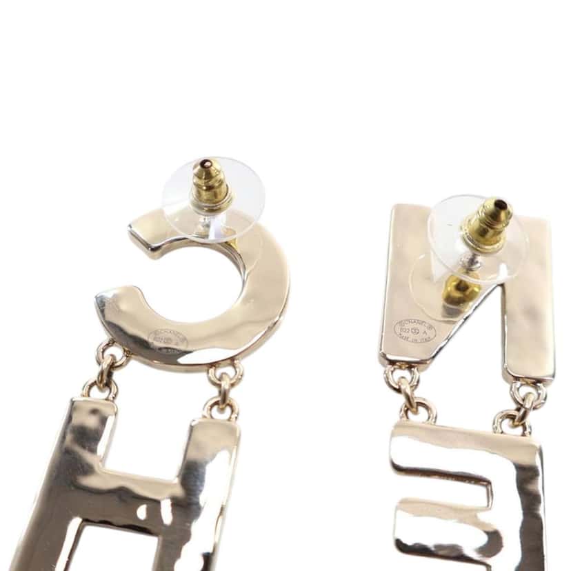 Chanel Gold Plated and Enamel Cha-Nel Logo Drop Push Back Earrings Black Good condition - Box View