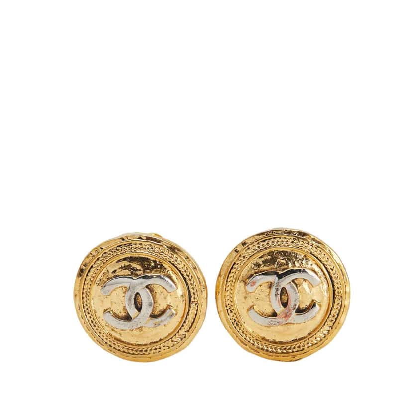 Chanel Gold Plated and Silver Plated CC Round Clip On Earrings Gold Metal Good condition - Front View