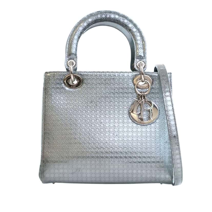 Dior Medium Metallic Patent Microcannage Lady Dior Silver Leather Good condition - Front View