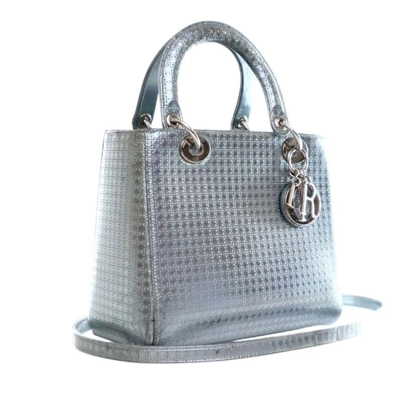 Dior Medium Metallic Patent Microcannage Lady Dior Silver Leather Good condition - Back View