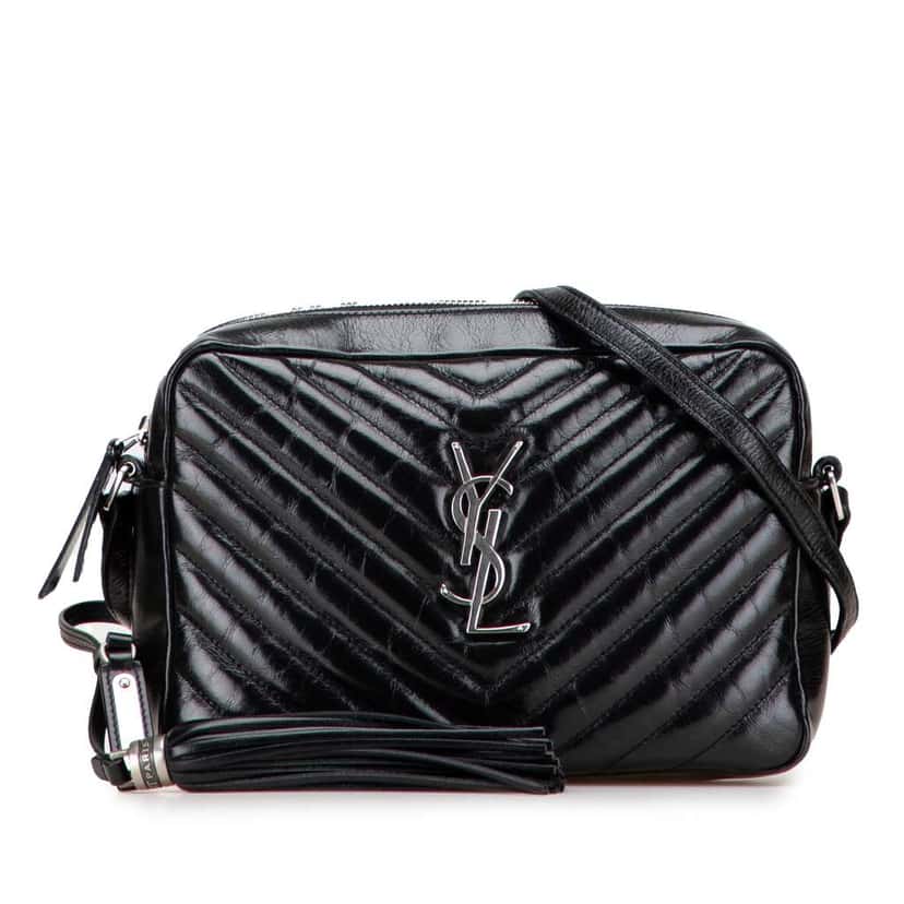 Saint Laurent Cracked Shiny Calfskin Matelasse Tassel Monogram Lou Camera Bag Black Leather Good condition - Front View