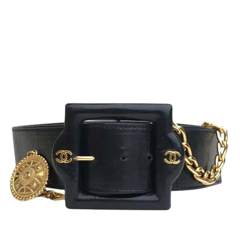 Chanel Vintage Leather Chain Belt Black Leather Good condition - Front View