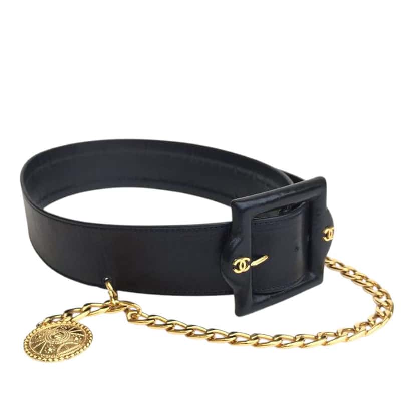 Chanel Vintage Leather Chain Belt Black Leather Good condition - Back View