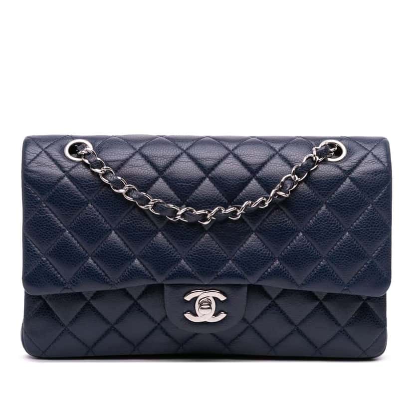 Chanel Medium Classic Caviar Double Flap Blue Leather Good condition - Front View