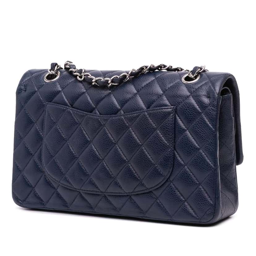 Chanel Medium Classic Caviar Double Flap Blue Leather Good condition - Back View