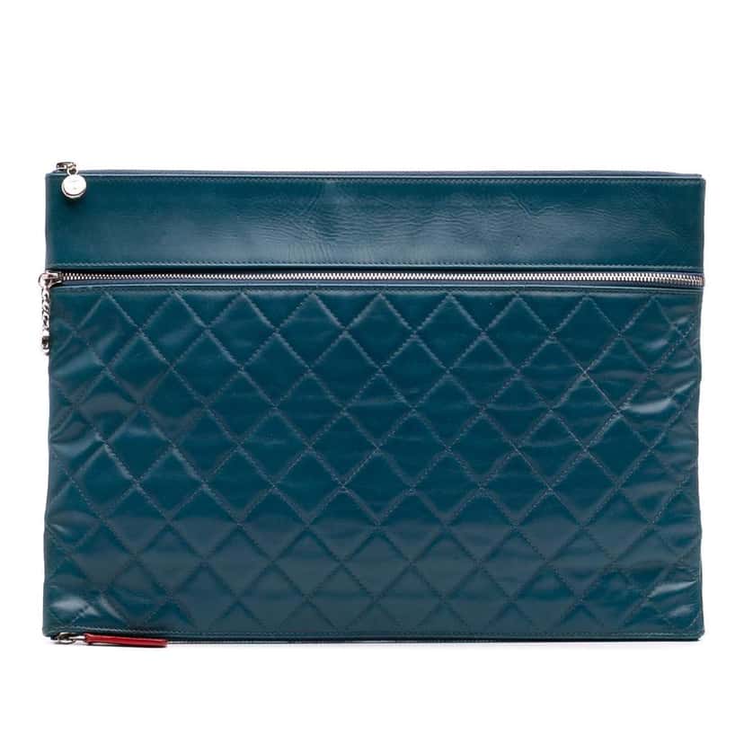 Chanel CC Quilted Lambskin Multi Zip Clutch Blue Leather Good condition - Front View