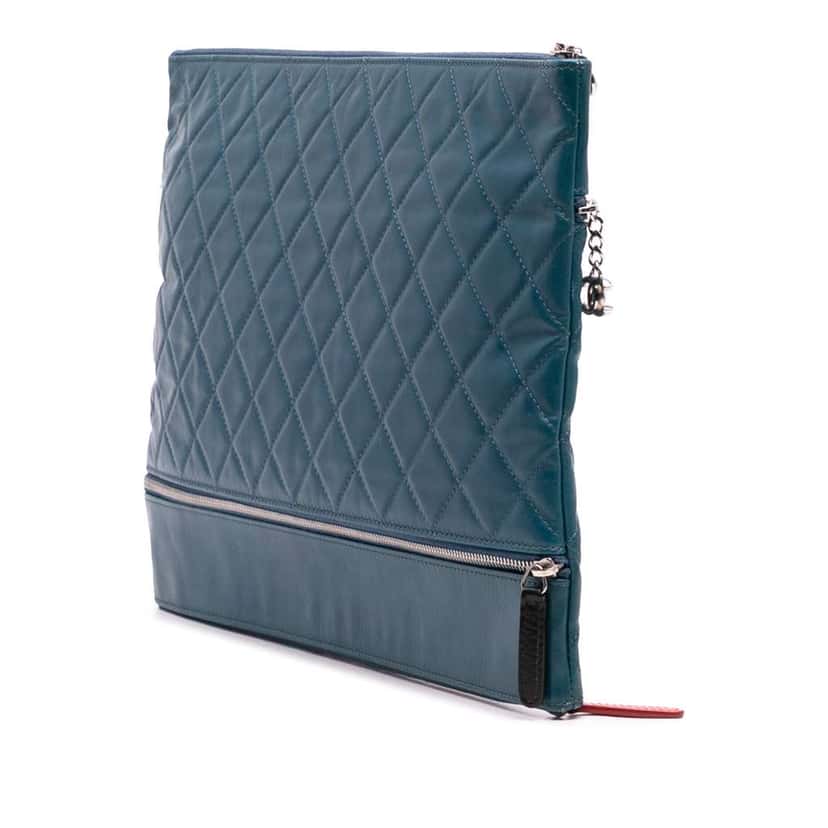 Chanel CC Quilted Lambskin Multi Zip Clutch Blue Leather Good condition - Back View