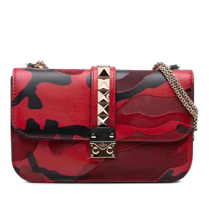 Valentino Medium Nappa and Canvas Camouflage Rockstud Glam Lock Crossbody Red Leather Good condition - Front View
