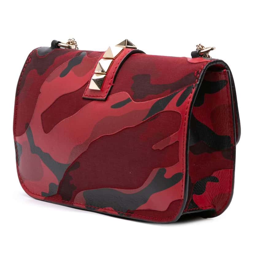 Valentino Medium Nappa and Canvas Camouflage Rockstud Glam Lock Crossbody Red Leather Good condition - Back View