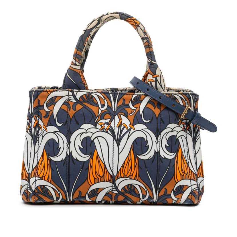 Prada Small Floral Printed Canvas Canapa Satchel Blue Canvas Good condition - Front View