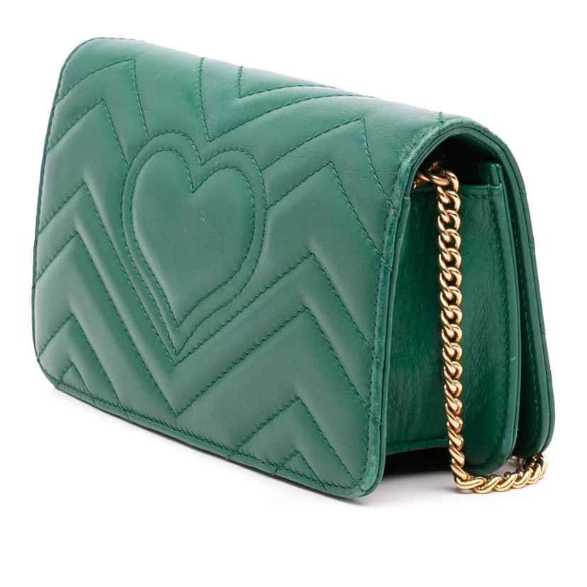 Gucci Mini GG Marmont Matelasse Leather Wallet On Chain Green Leather Good condition - Back View