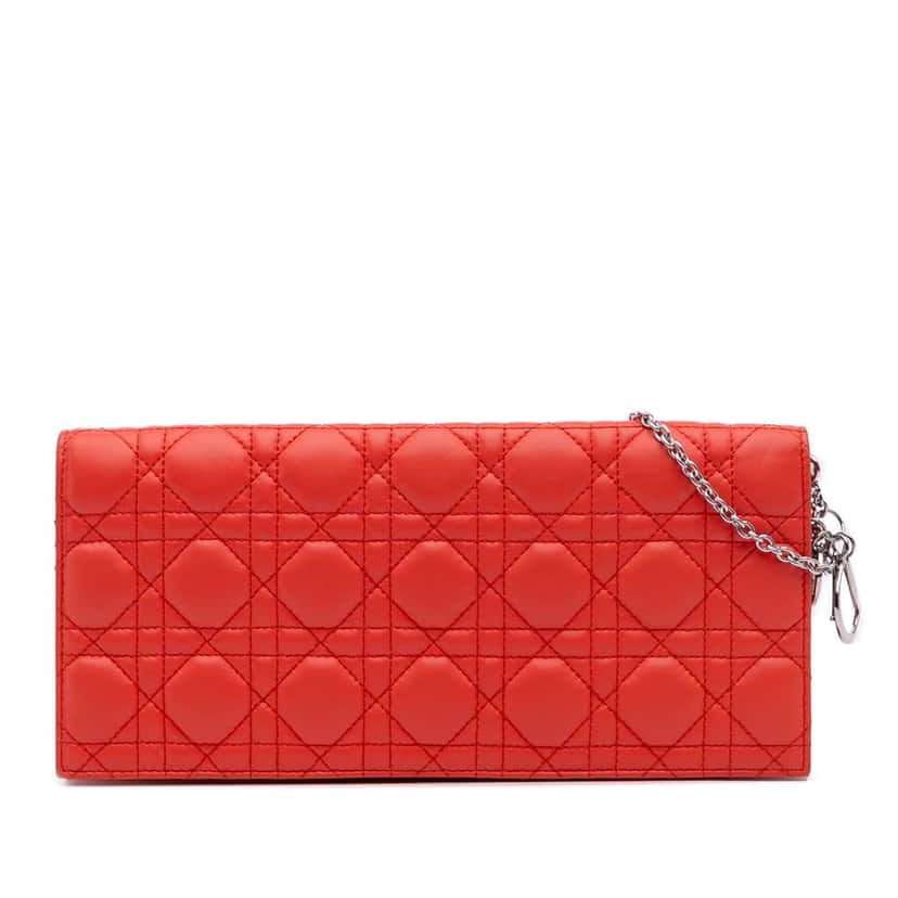 Dior Lambskin Cannage Lady Dior Wallet On Chain Orange Leather Good condition - Front View