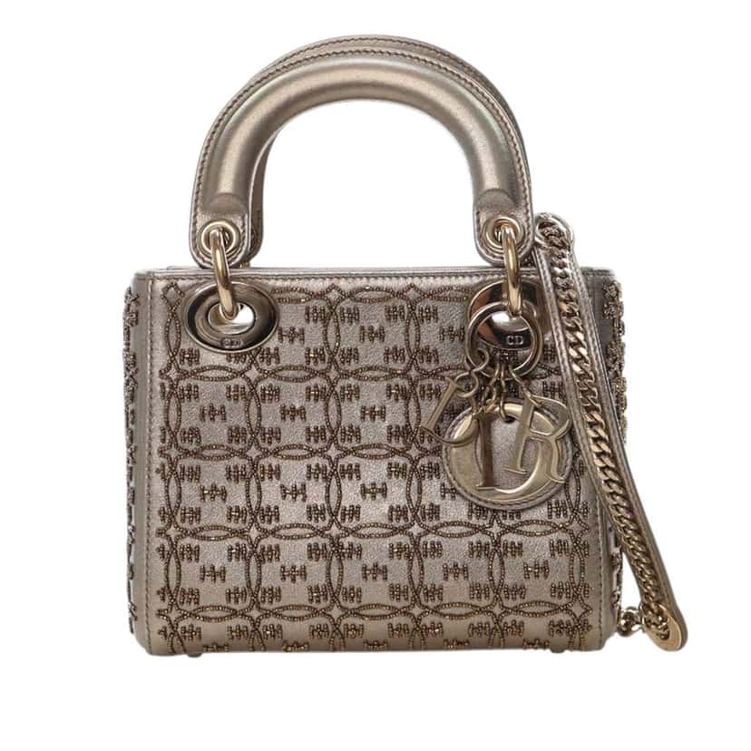 Dior Mini Beaded Metallic Lambskin Cannage Lady Dior Gold Leather Good condition - Front View