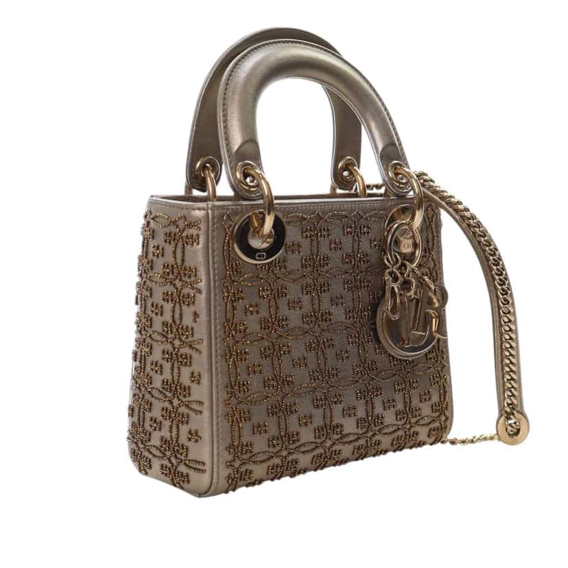 Dior Mini Beaded Metallic Lambskin Cannage Lady Dior Gold Leather Good condition - Back View