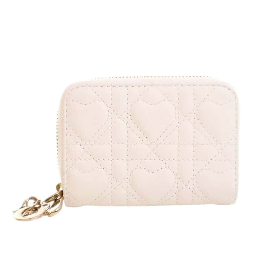 Dior Small Lambskin Heart Motif Lady Dior Voyageur Coin Pouch White Leather Good condition - Front View