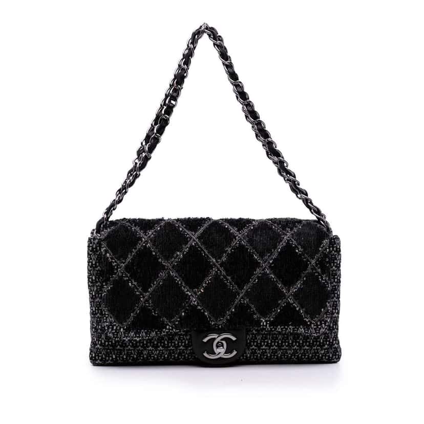 Chanel Large Tweed and Sequin Icons 3 Accordion Flap Black Tweed Good condition - Front View