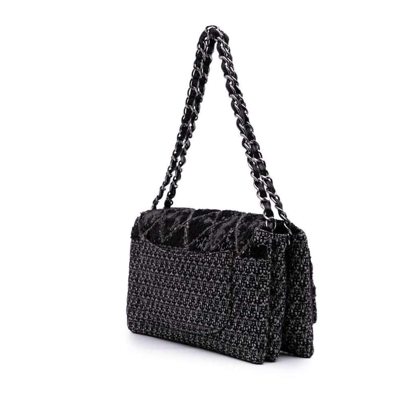 Chanel Large Tweed and Sequin Icons 3 Accordion Flap Black Tweed Good condition - Back View
