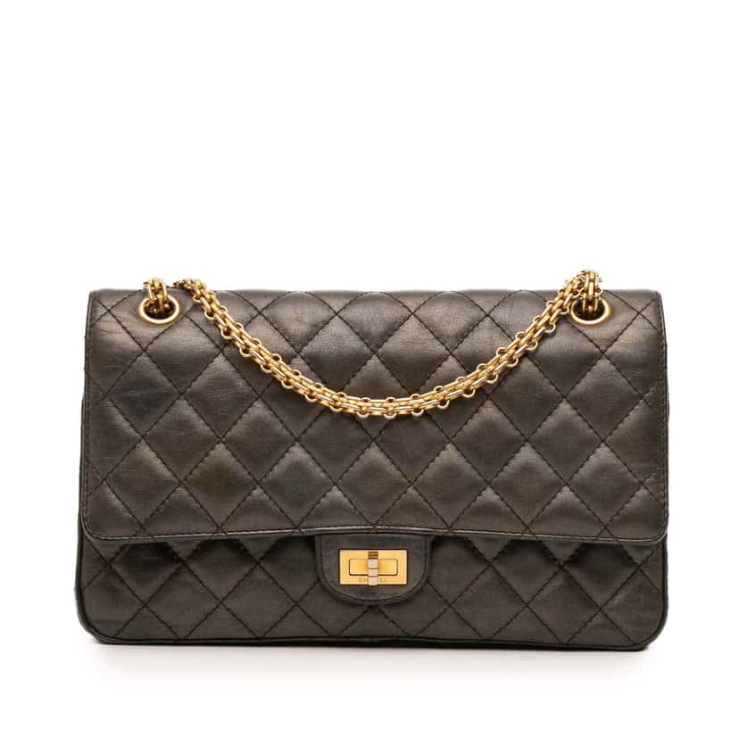 Chanel Reissue 2.55 Quilted Metallic Lambskin Double Flap 226 Grey Leather Good condition - Front View
