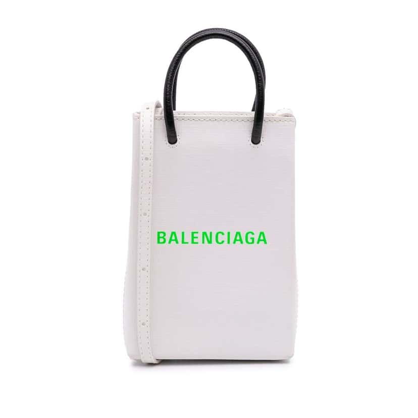 Balenciaga Mini Calfskin Logo Shopping Phone Holder White Leather Good condition - Front View