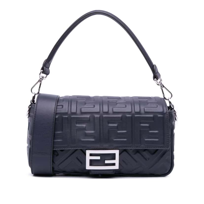 Fendi Zucca Embossed Leather Baguette Satchel Blue Leather Good condition - Front View