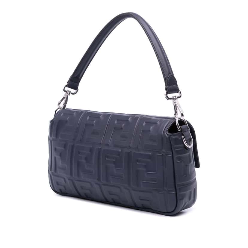 Fendi Zucca Embossed Leather Baguette Satchel Blue Leather Good condition - Back View