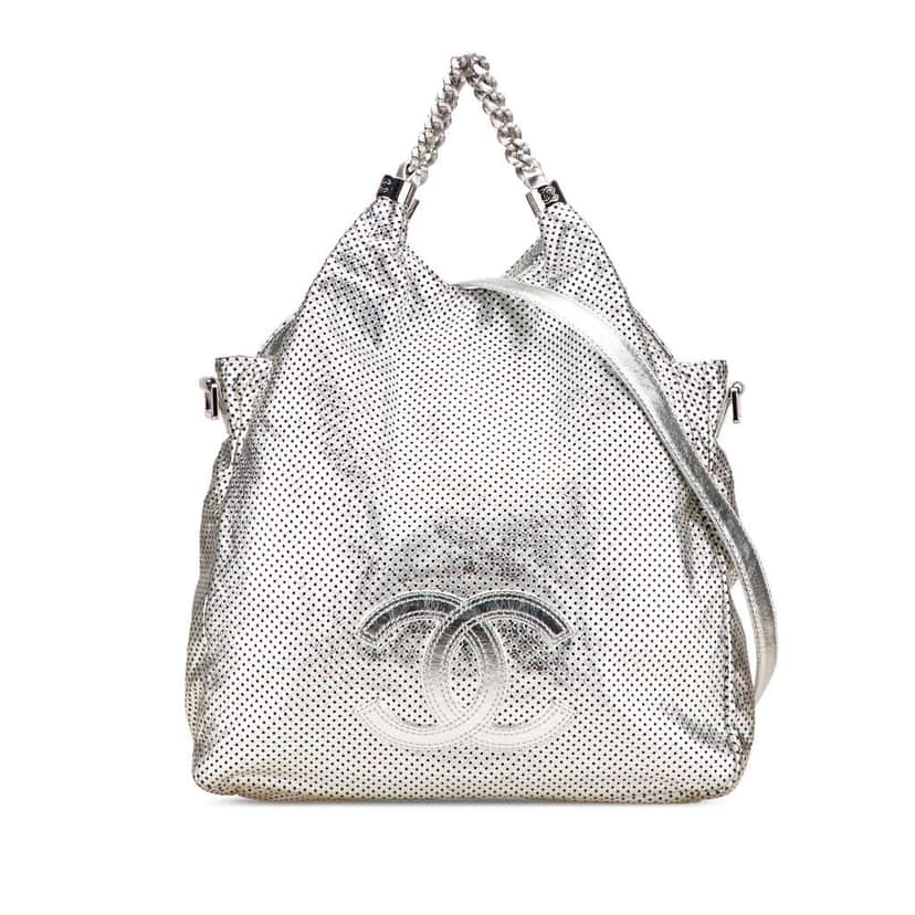 Chanel Medium Metallic Glazed Calfskin Perforated Rodeo Drive Satchel Silver Leather Good condition - Front View