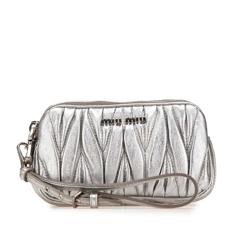 Miu Miu Nappa Matelasse Double Zip Clutch Silver Leather Good condition - Front View