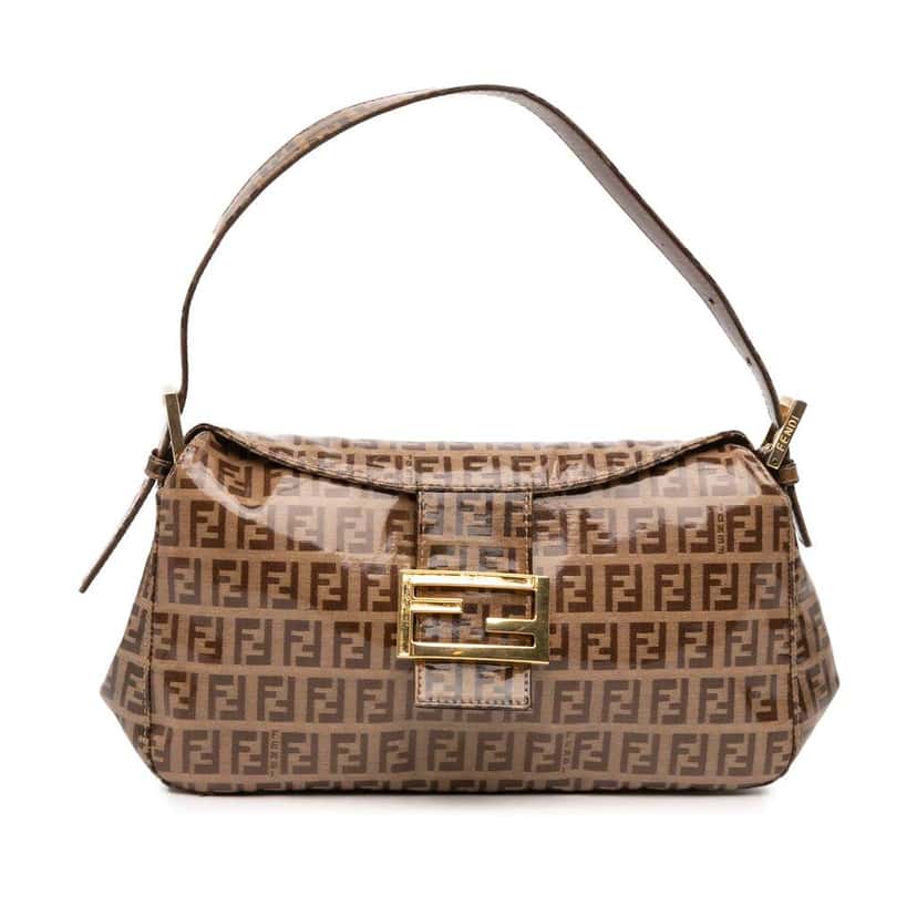 Fendi Zucchino Crystal Double Flap Shoulder Bag Brown Canvas Good condition - Front View
