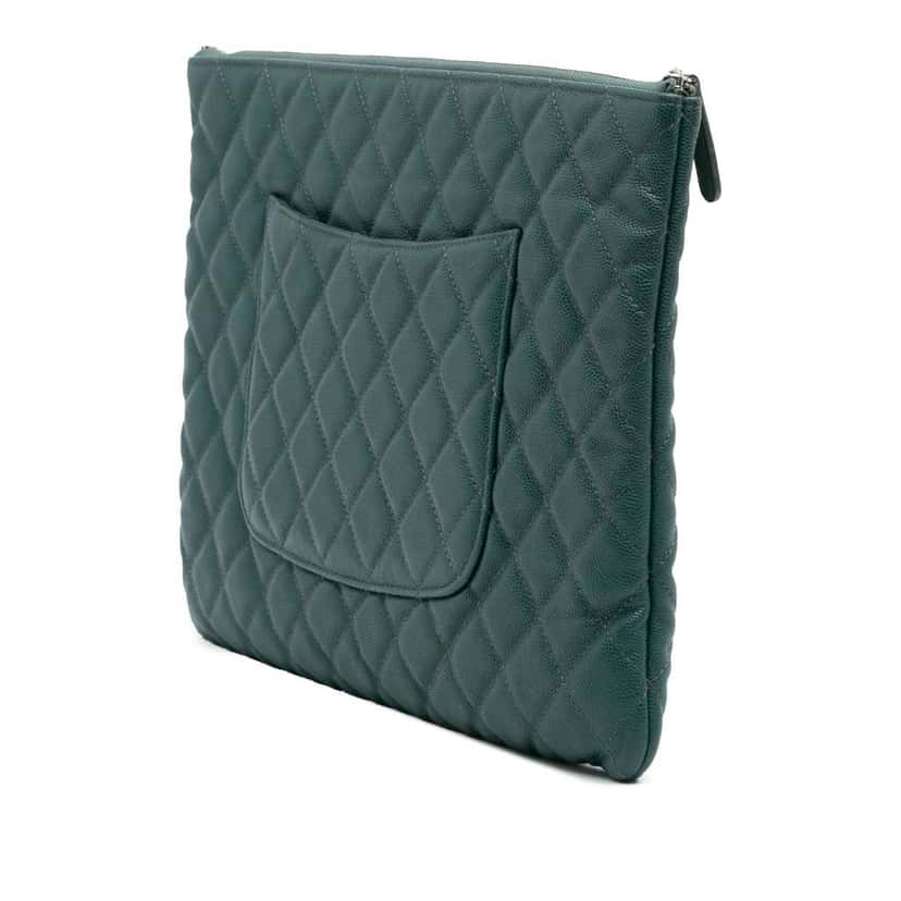 Chanel Large Quilted Caviar O Case Clutch Green Leather Good condition - Back View