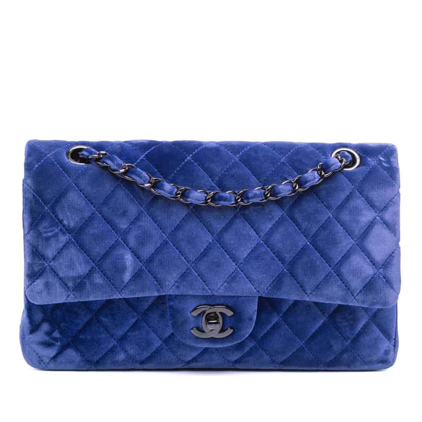 Chanel Medium Classic Velvet Double Flap Blue Velvet Good condition - Front View