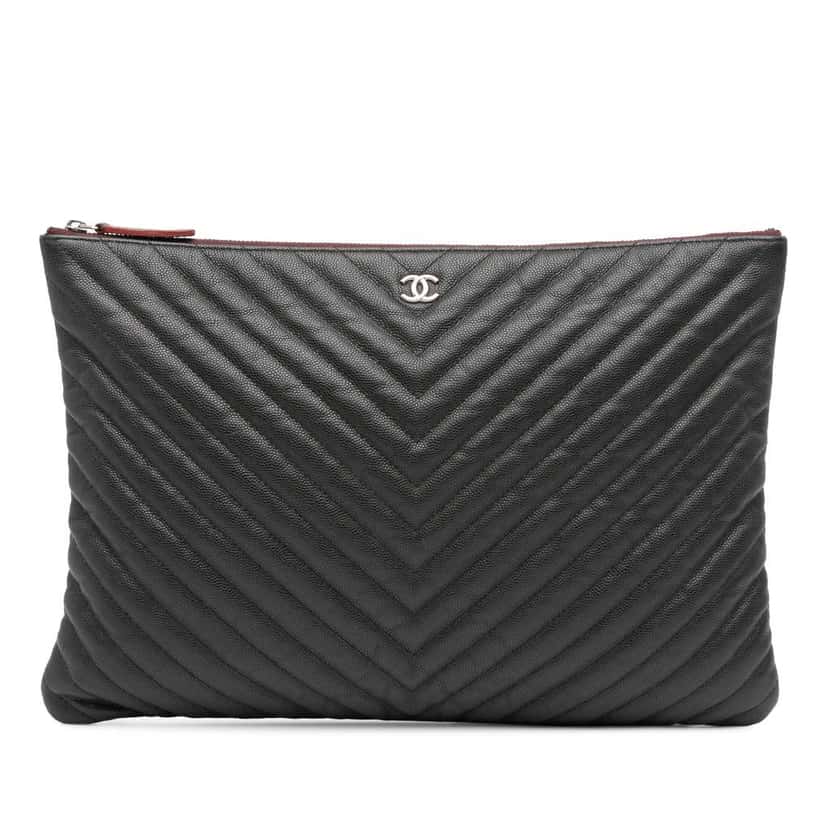 Chanel Large CC Chevron Caviar O Case Clutch Black Leather Good condition - Front View
