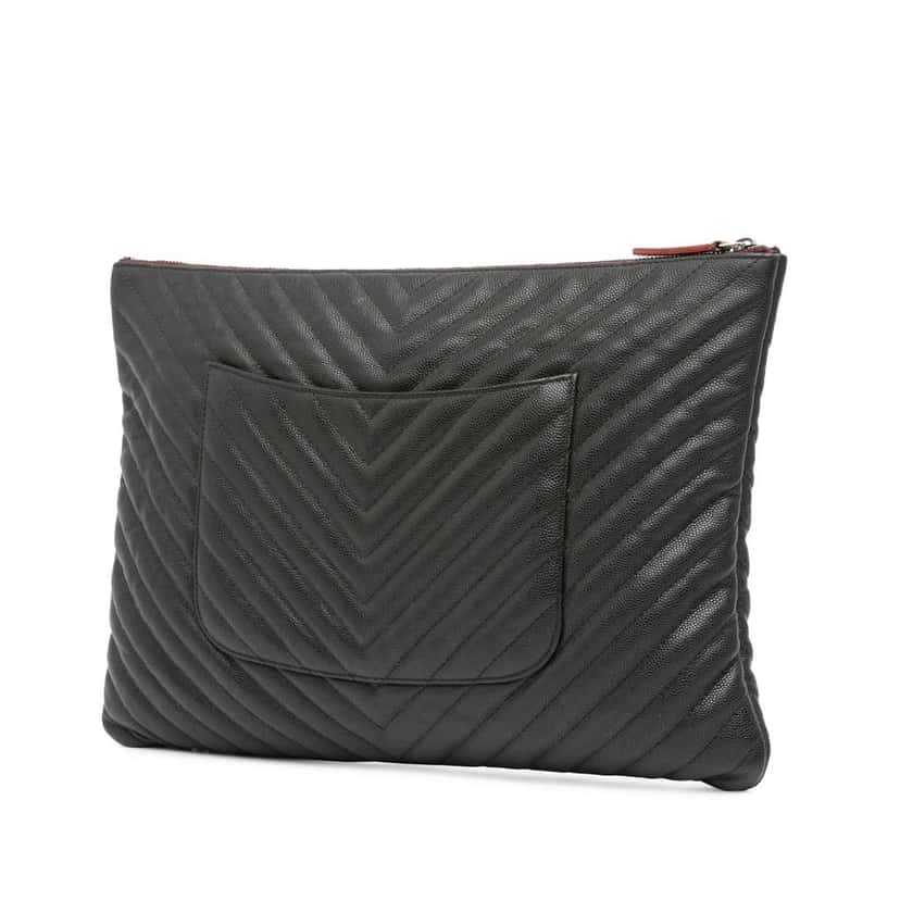 Chanel Large CC Chevron Caviar O Case Clutch Black Leather Good condition - Back View