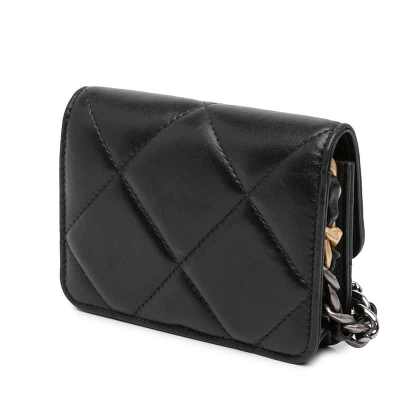 Chanel Quilted Lambskin 19 Flap Coin Purse With Chain Black Leather Good condition - Back View