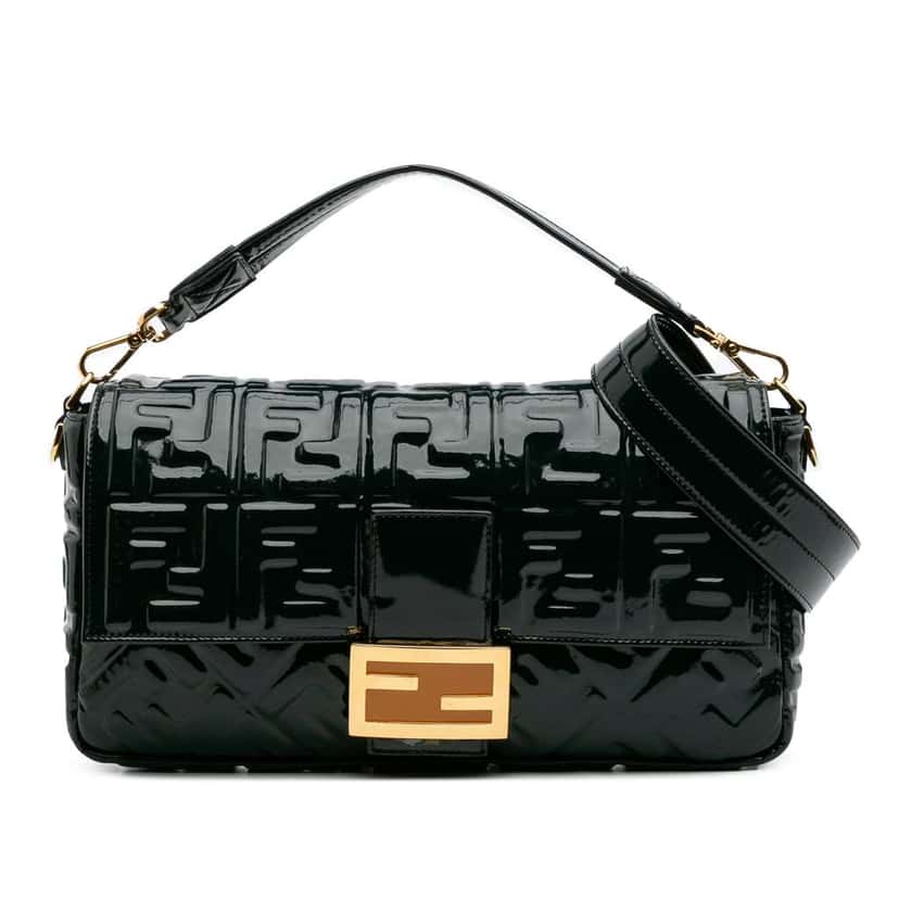 Fendi Large Zucca Embossed Patent Baguette Satchel Green Leather Good condition - Front View