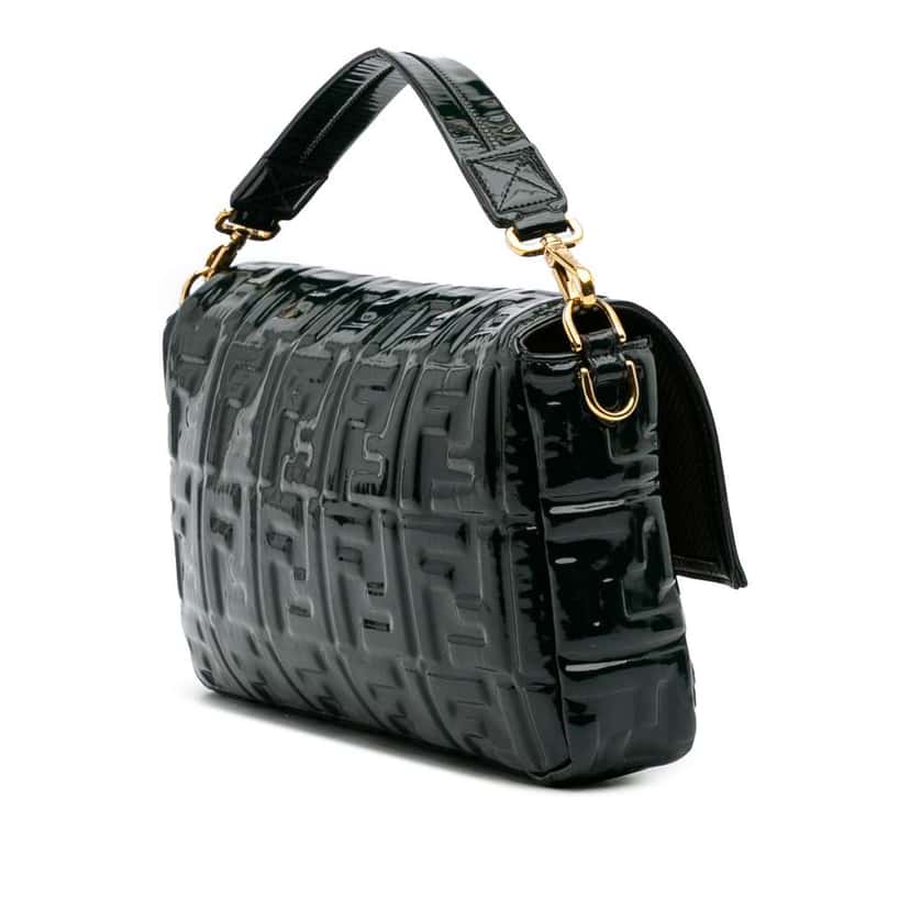 Fendi Large Zucca Embossed Patent Baguette Satchel Green Leather Good condition - Back View