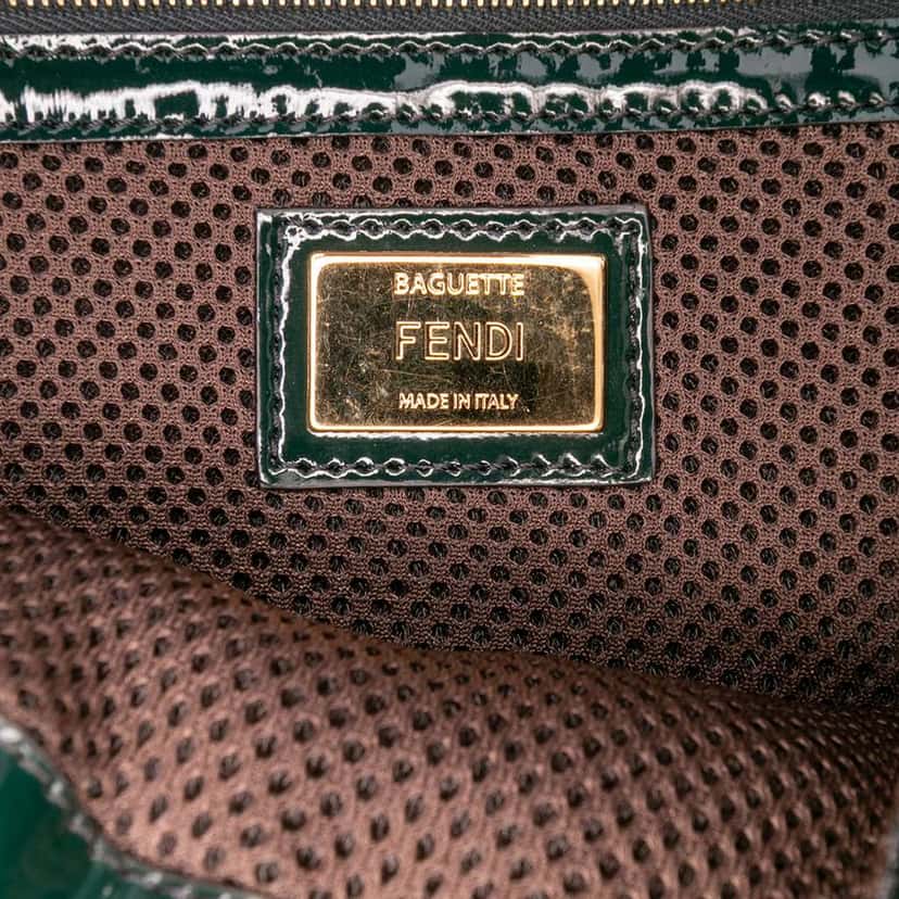 Fendi Large Zucca Embossed Patent Baguette Satchel Green Leather Good condition - Box View