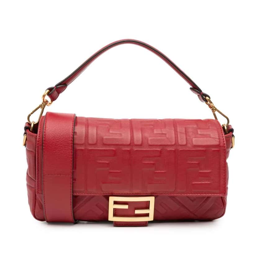 Fendi Zucca Embossed Leather Baguette Satchel Red Leather Good condition - Front View