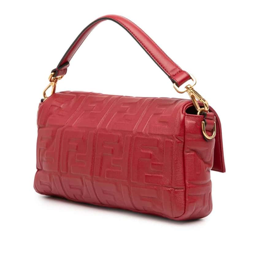 Fendi Zucca Embossed Leather Baguette Satchel Red Leather Good condition - Back View
