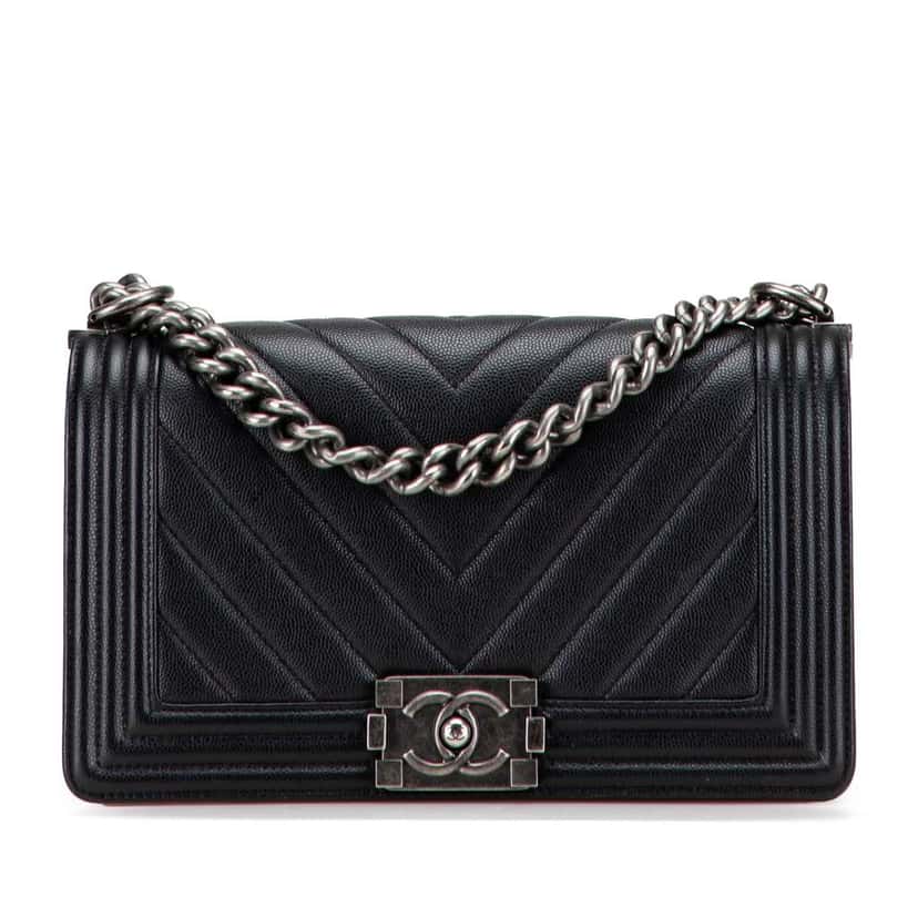 Chanel Old Medium Chevron Caviar Boy Flap Black Leather Good condition - Front View