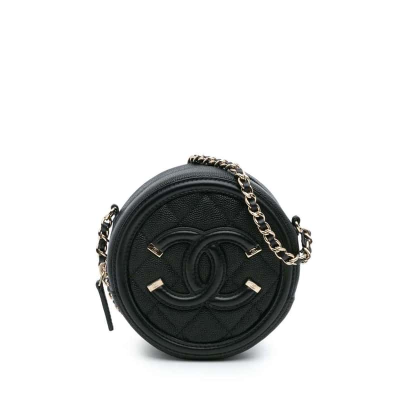 Chanel Caviar CC Filigree Round Clutch with Chain Black Leather Good condition - Front View