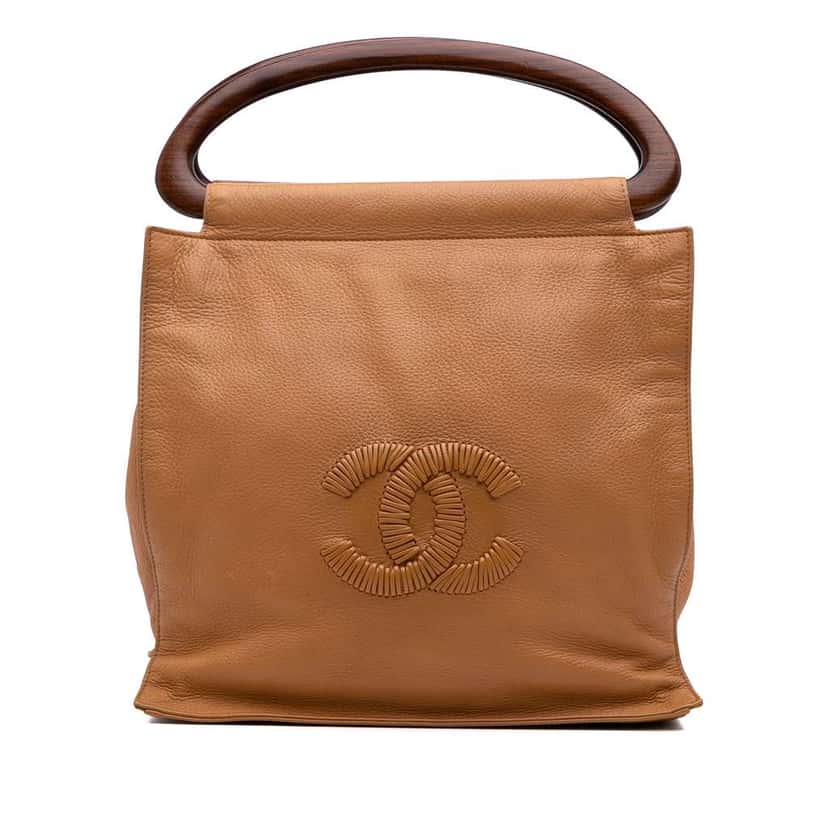 Chanel CC Grained Calfskin Wooden Handle Tote Brown Leather Good condition - Front View