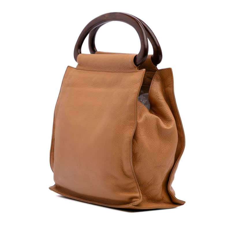 Chanel CC Grained Calfskin Wooden Handle Tote Brown Leather Good condition - Back View